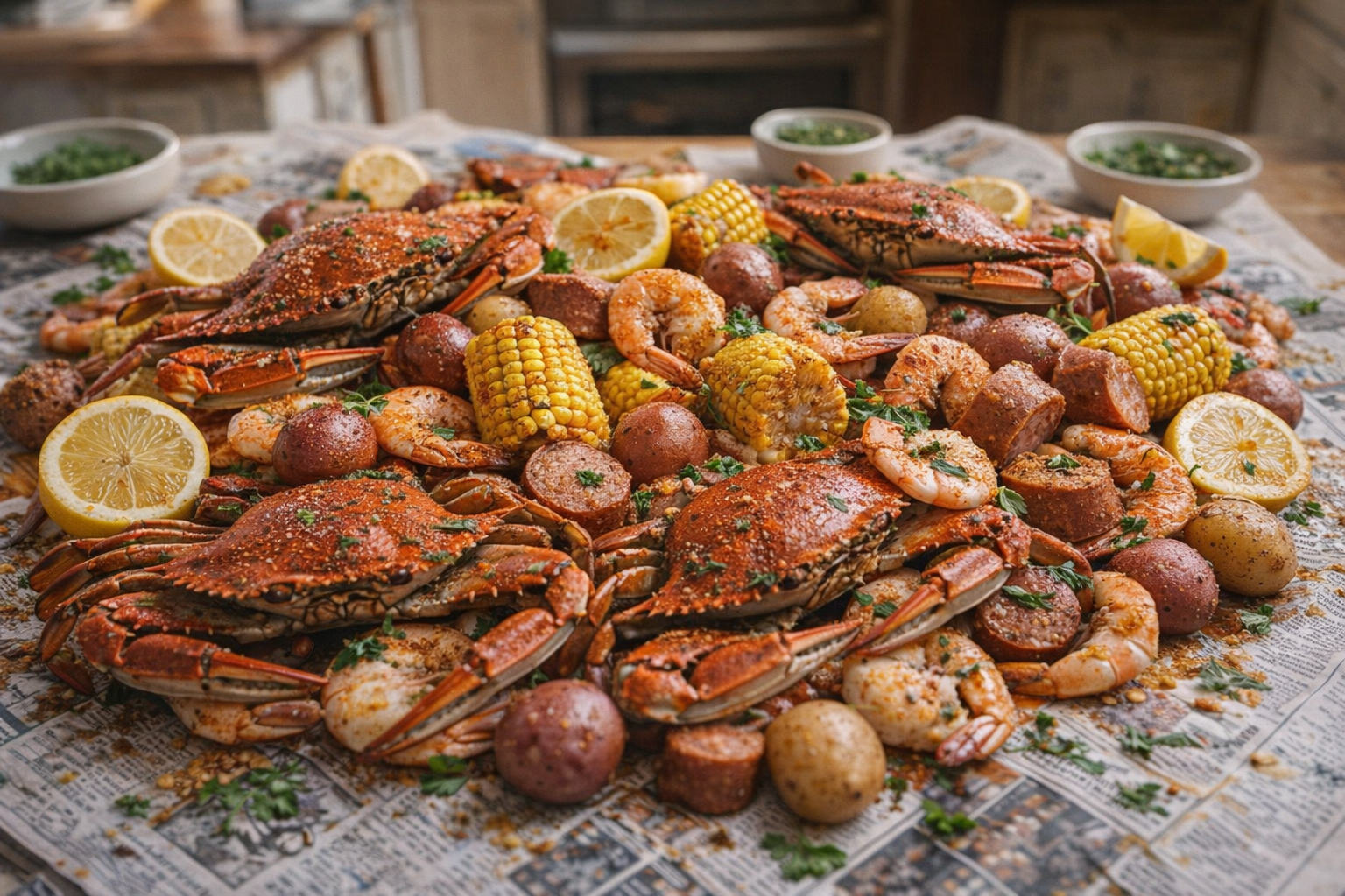 A top-down, vibrant shot of a finished crab boil on a newspaper-covered table, featuring crabs, shrimp, corn, potatoes, and sausage, with lemons and herbs scattered around. Warm, inviting lighting.